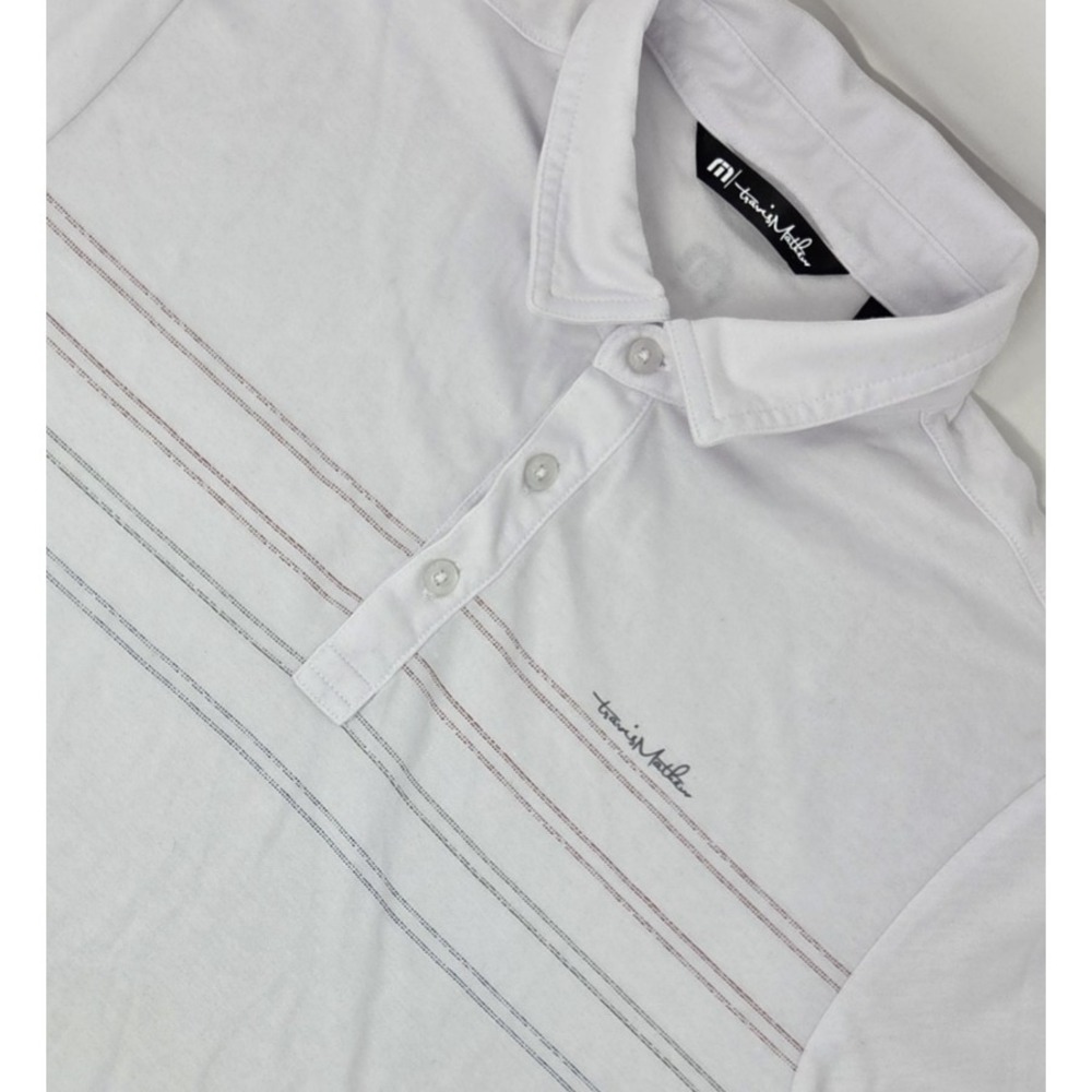 Travis Mathew Madero Polo Shirt Mens -Medium White w/ Stripe Golf Short Sleeve